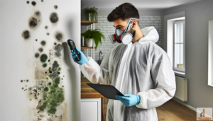 A Sparkle Technician in a protective suit and mask is holding a moisture meter near a mold-infested wall while reading a clipboard.