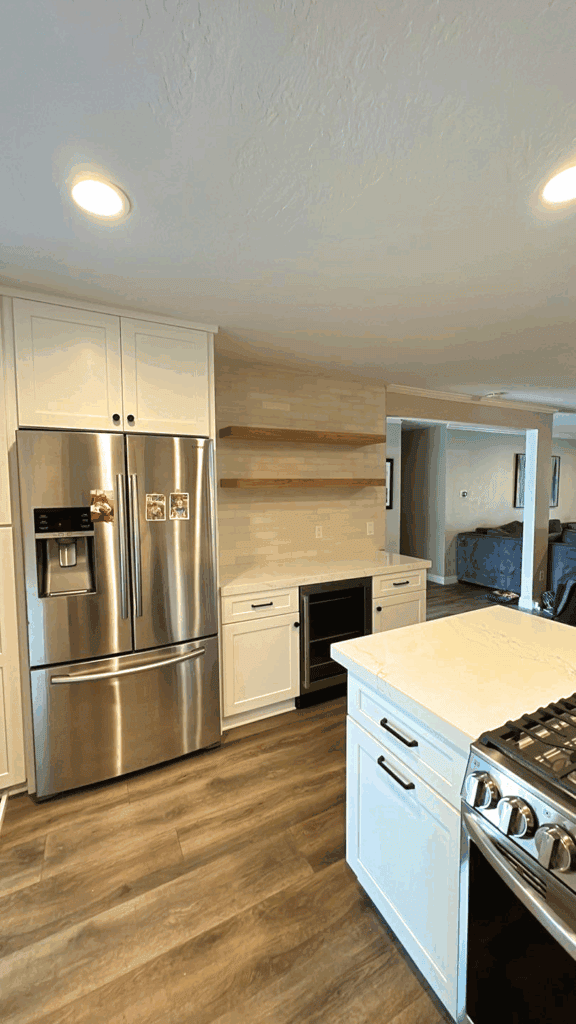 Remodeled kitchen with new counter top.