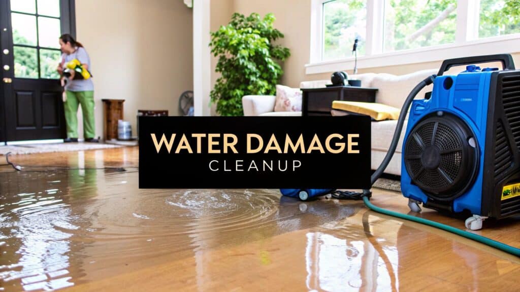 Water damage cleanup scene with flooded floor, professional using equipment, and "WATER DAMAGE CLEANUP" text overlay, emphasizing urgency and expertise in restoration services.