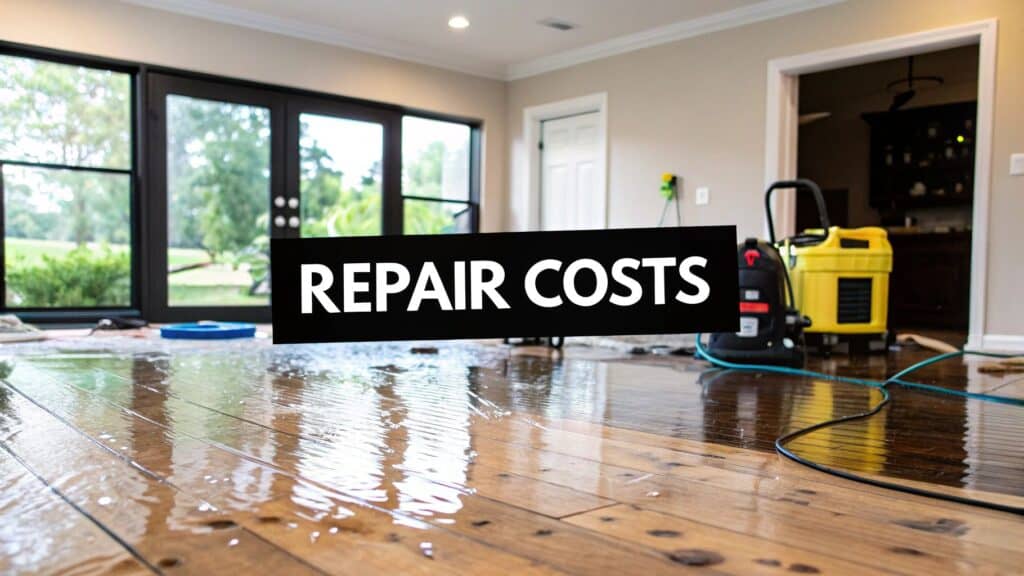 Interior room with water-damaged hardwood floor and cleaning equipment, featuring bold text "REPAIR COSTS," emphasizing water damage repair costs in Southern California.