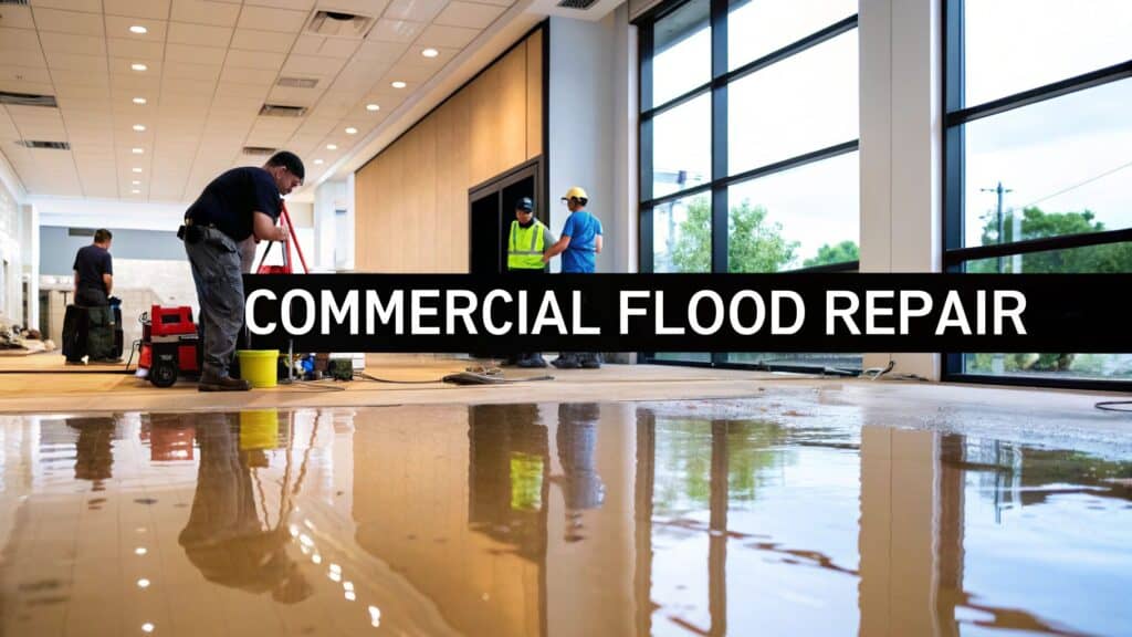 Workers performing commercial flood repair in a flooded interior space, with visible water on the floor and a banner reading "COMMERCIAL FLOOD REPAIR."