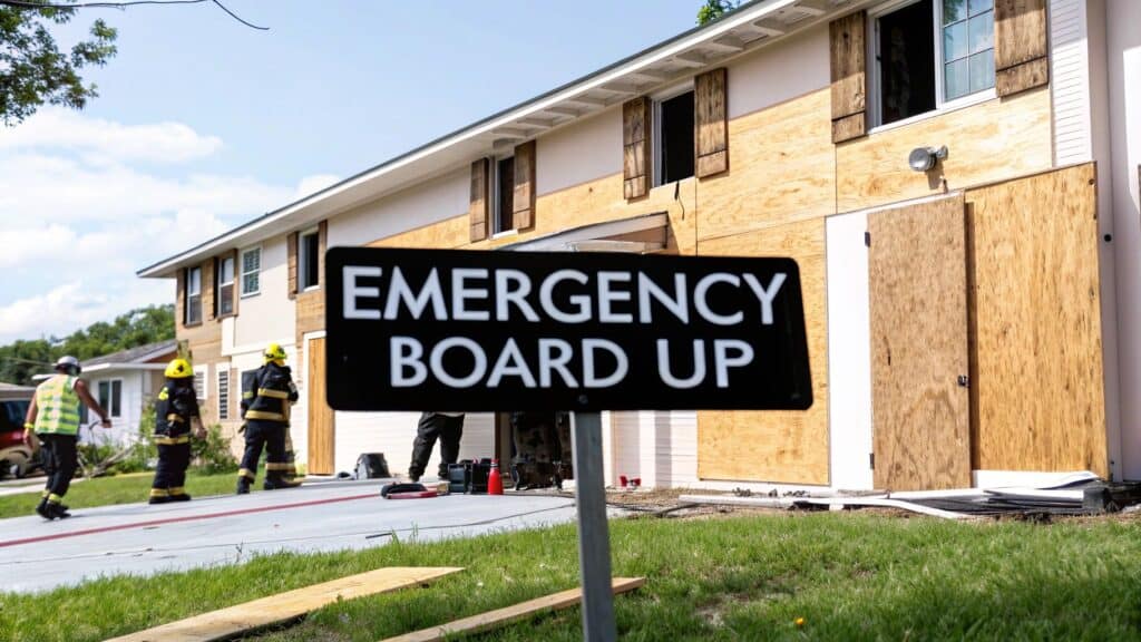 Emergency board-up sign in front of a house with boarded windows, restoration workers in safety gear securing the property in Orange County.