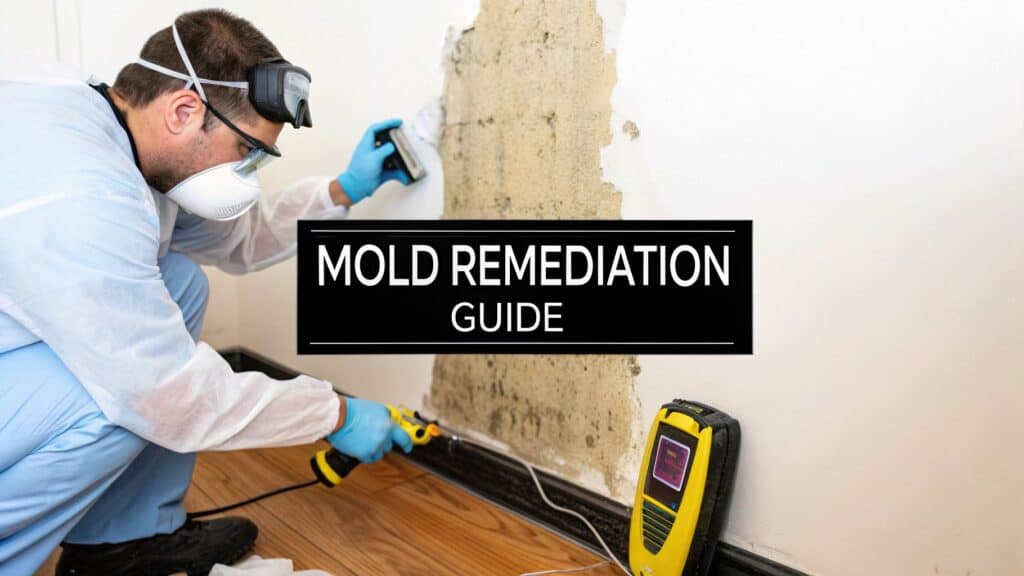 Mold remediation professional inspecting wall for mold damage with tools, featuring "MOLD REMEDIATION GUIDE" text overlay, emphasizing safe mold removal steps for homeowners.