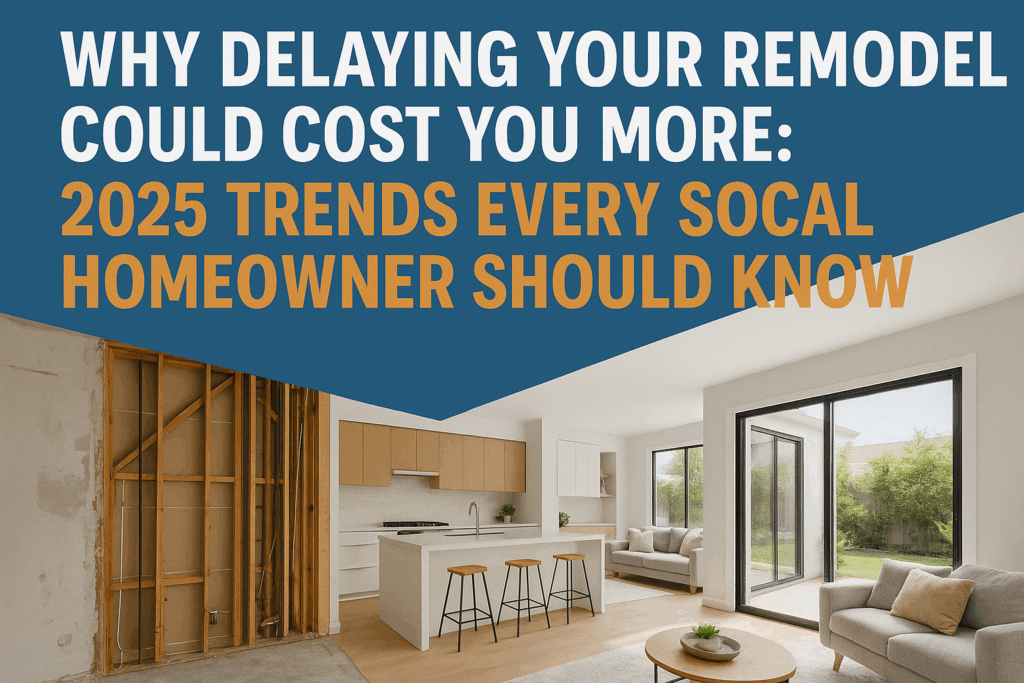 Modern kitchen remodel with open layout, featuring unfinished walls and stylish furniture, emphasizing 2025 remodeling trends for Southern California homeowners.
