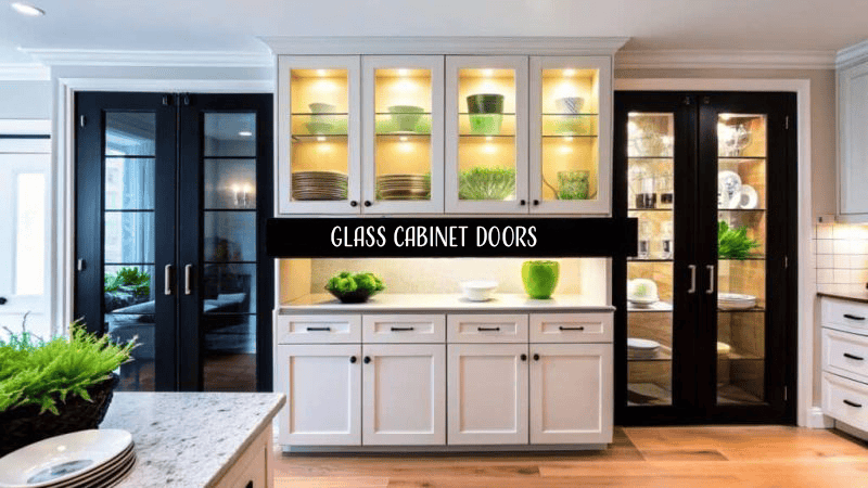 Glass cabinet doors showcasing illuminated dishware and decorative items in a modern kitchen, enhancing aesthetics and depth.