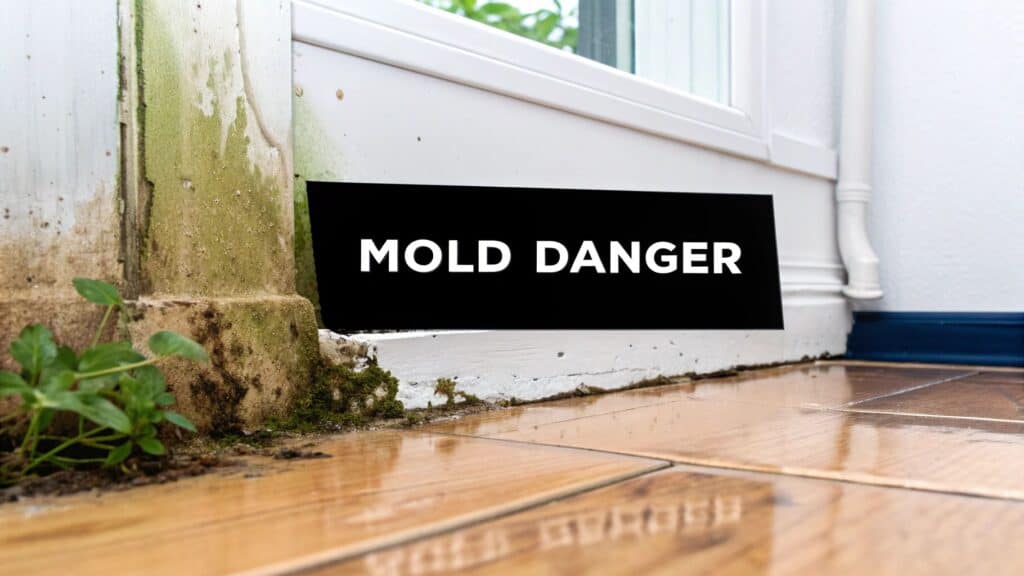 Mold danger sign near water-damaged wall, emphasizing health risks of mold growth in homes.