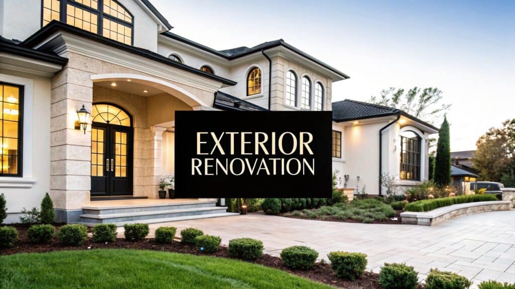 Exterior home renovation showcasing a modern entrance with elegant architecture, landscaping, and a prominent "EXTERIOR RENOVATION" text overlay, emphasizing high-impact design for curb appeal in Southern California.