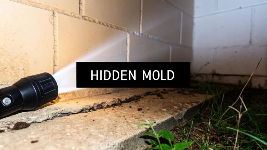 Flashlight illuminating hidden mold in a damp corner, emphasizing the need for mold detection and remediation in homes.