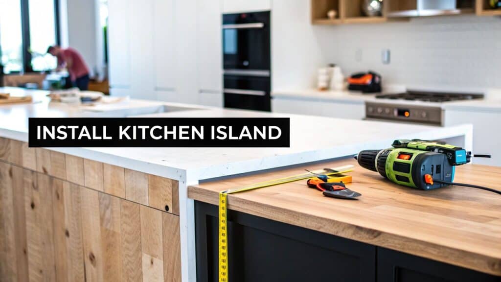 Kitchen island installation with measuring tape, tools, and a modern kitchen setting, showcasing preparation for enhancing home aesthetics and functionality.