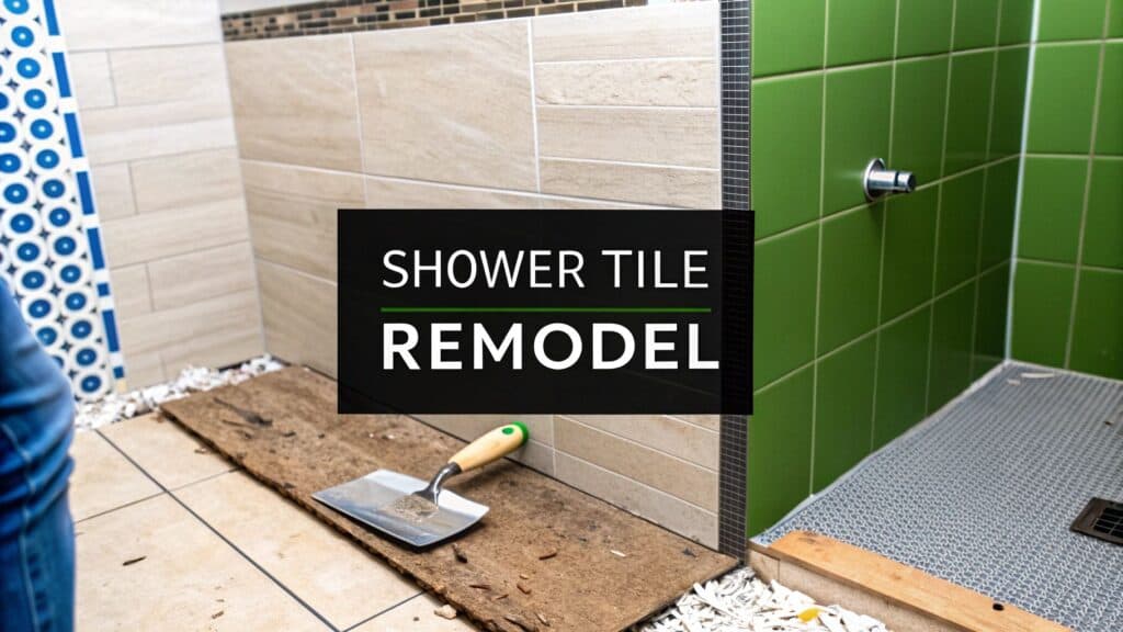 Shower tile remodel process featuring tools and materials, showcasing modern tile designs in a bathroom setting.