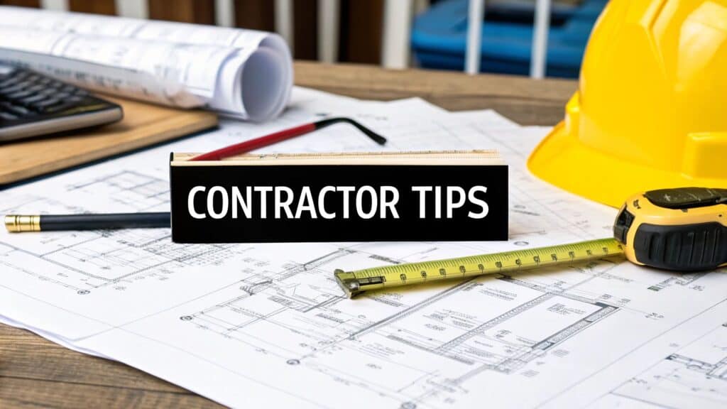 Contractor tips on blueprints and construction tools, including a measuring tape, pencil, calculator, and hard hat, emphasizing guidance for selecting a kitchen remodel contractor.