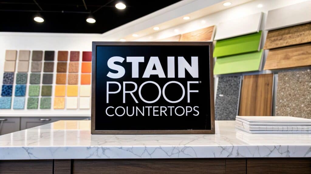 Stain proof countertops display sign in a modern kitchen showroom, showcasing various color and material samples for homeowners considering durable surfaces.