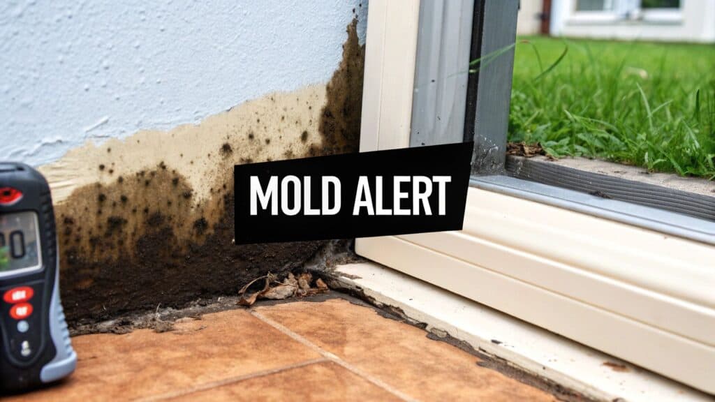 Mold growth near base of wall with moisture meter, labeled "MOLD ALERT," highlighting critical signs of mold in homes.