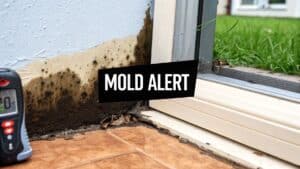 Mold alert sign near water-damaged wall with visible mold growth and moisture meter, highlighting mold detection in home restoration context.