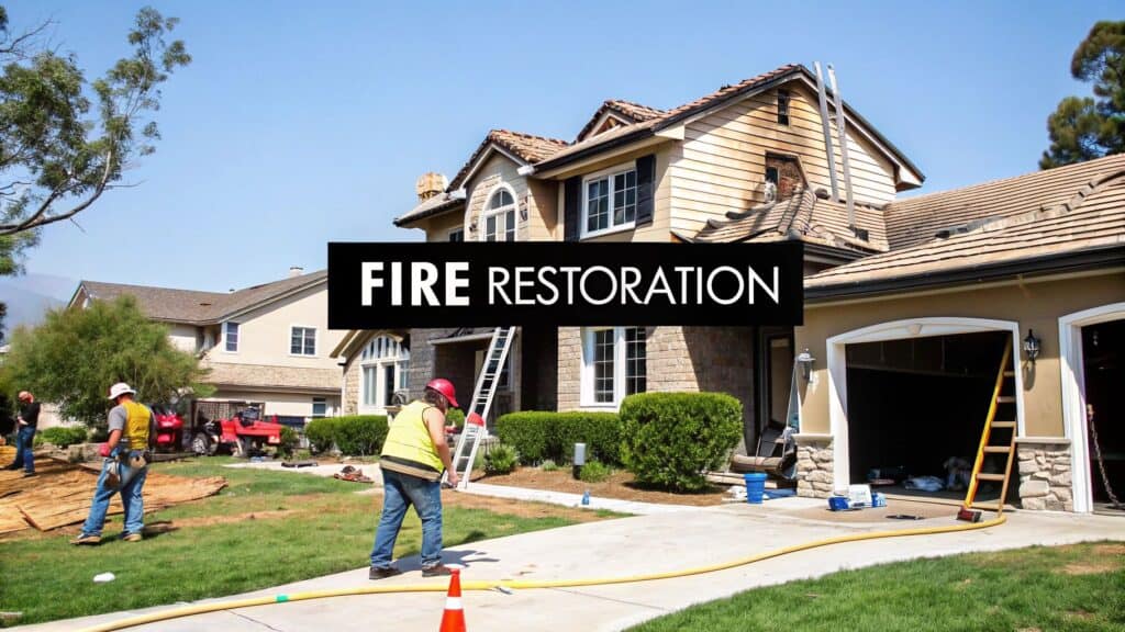 Fire restoration work in progress on a residential property in Orange County, featuring workers in safety gear, restoration equipment, and visible fire damage on the house.