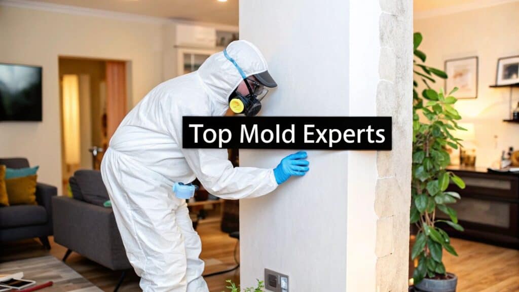 Professional in protective gear inspecting wall for mold, text overlay "Top Mold Experts," indoor setting emphasizing mold remediation services in Orange County.