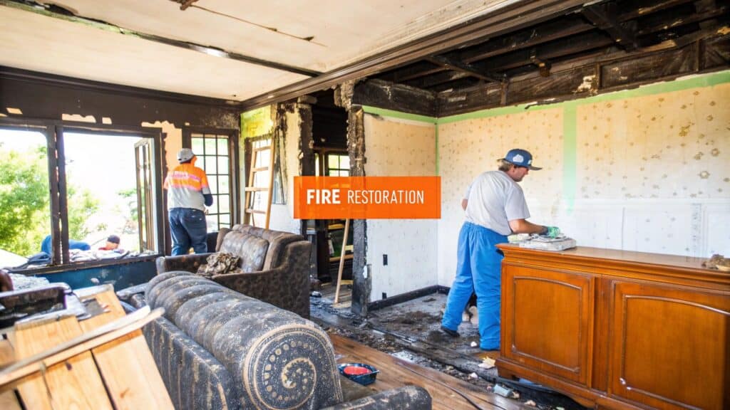 Fire damage restoration process in a home, featuring workers cleaning soot and debris, with "FIRE RESTORATION" text overlay, highlighting the importance of professional restoration services in Orange County.