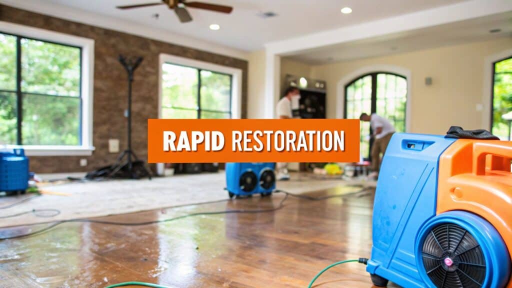 Rapid restoration equipment in water-damaged room with professionals working in the background, emphasizing urgent water damage recovery services in Irvine, CA.