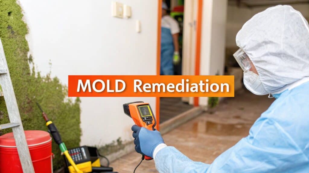 Mold remediation process with technician using moisture meter, visible mold growth on wall, and restoration equipment in Orange County setting.