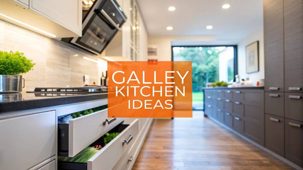Modern galley kitchen with sleek cabinetry, open drawers showcasing fresh herbs, and large windows providing natural light, featuring overlay text "GALLEY KITCHEN IDEAS."
