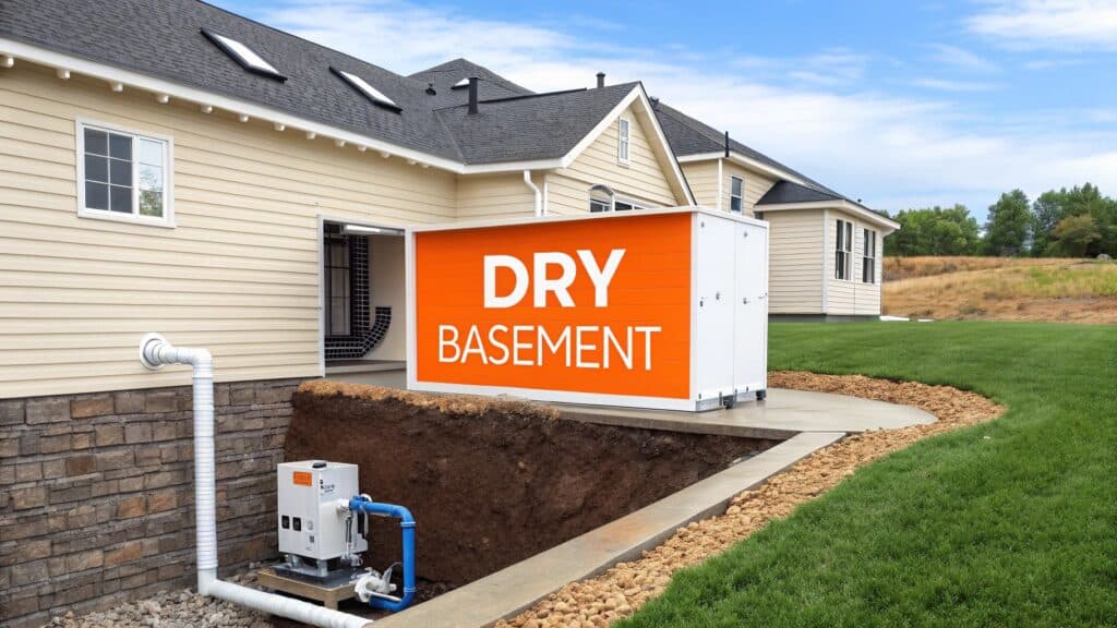 Dry basement setup with sump pump and drainage system, emphasizing basement water prevention strategies for homeowners.