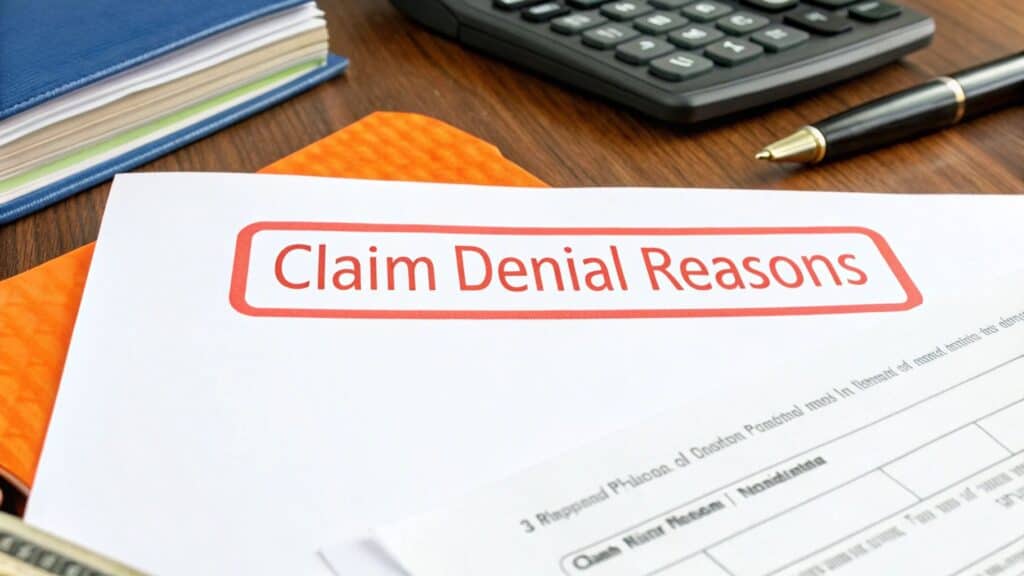 Claim denial reasons document on a wooden desk with a calculator and pen, emphasizing insurance claim processes for homeowners.