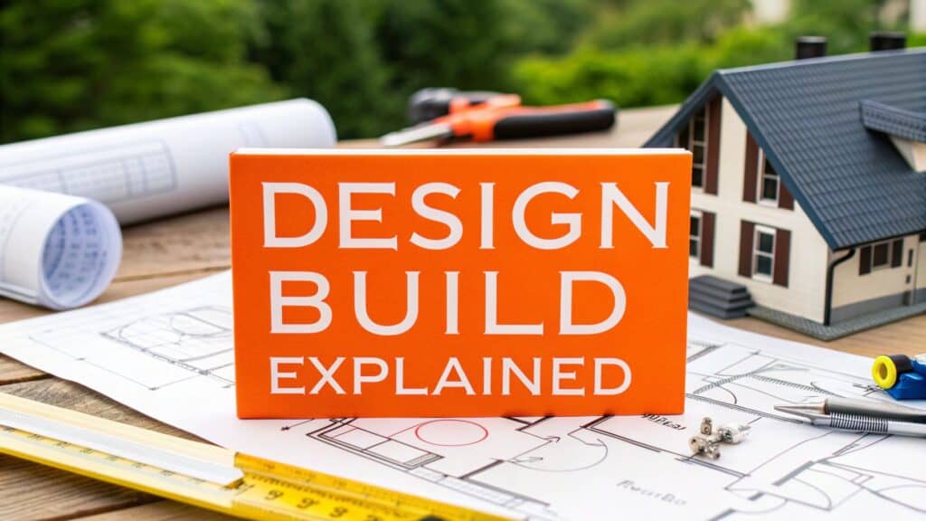 Design Build Explained sign on a wooden table with architectural blueprints, a model house, and construction tools, illustrating design-build construction concepts for homeowners in Orange County.