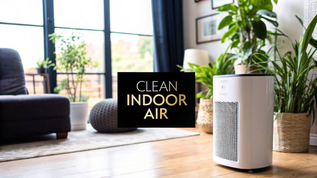 Air purifier in a modern living room with plants, emphasizing clean indoor air quality.