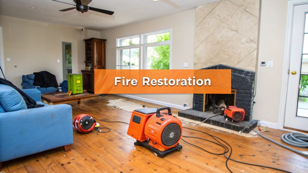 Fire damage restoration scene featuring equipment like air movers and dehumidifiers in a living room setting, emphasizing urgent recovery steps for homeowners in Orange County.