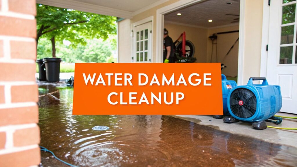 Water damage cleanup scene with flooded floor, blue drying fans, and a worker in the background, emphasizing urgent restoration for homeowners in Orange County.