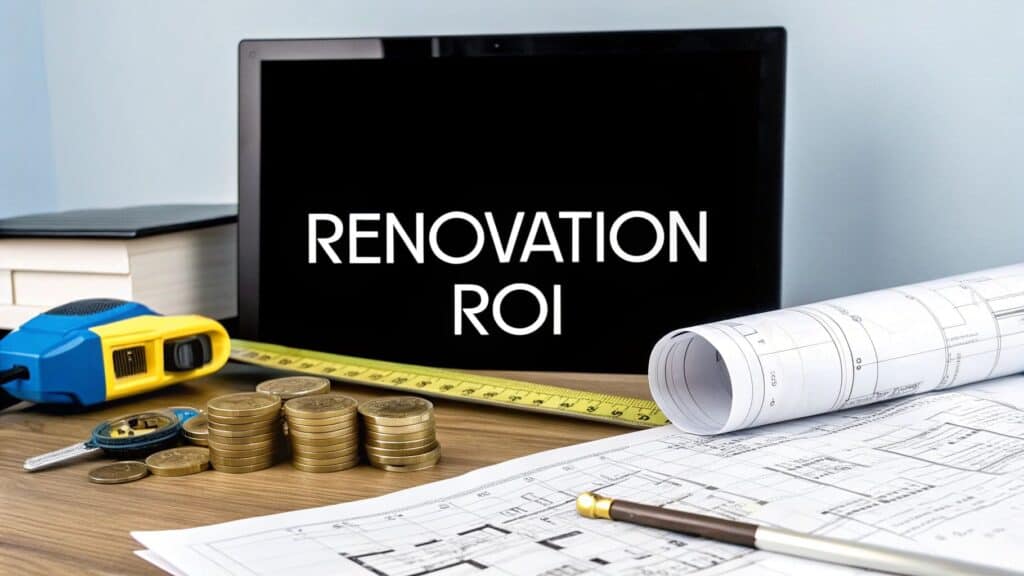 Desk with renovation planning tools, including a tape measure, stacked coins representing investment, architectural blueprints, and a computer screen displaying "RENOVATION ROI," highlighting the importance of return on investment in home renovations.