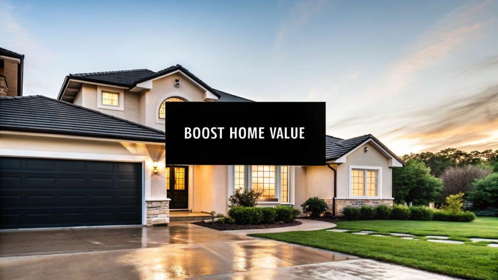 Luxury home exterior with "Boost Home Value" text overlay, showcasing strategic renovations and curb appeal to attract buyers in Orange County real estate market.