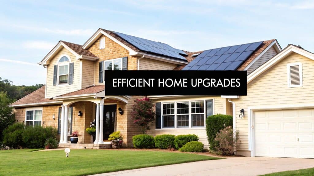 Energy-efficient home with solar panels and landscaping, emphasizing home upgrades for comfort and sustainability.