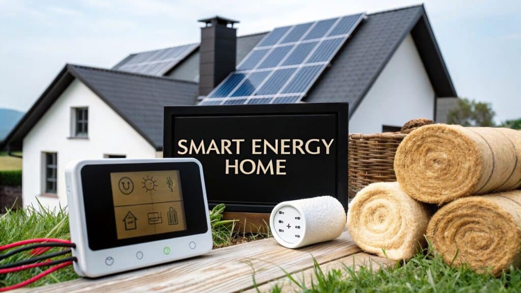 Smart energy home setup featuring solar panels, energy monitor, and eco-friendly insulation materials, emphasizing energy efficiency and sustainable upgrades for homeowners.