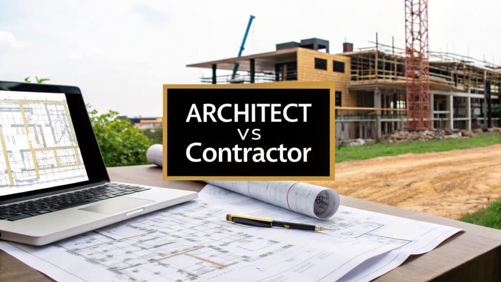 Architectural plans and construction site, featuring laptop with blueprints and text overlay "ARCHITECT vs Contractor," emphasizing roles in home remodeling.