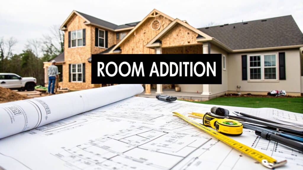 Blueprints and construction tools in foreground, home undergoing room addition in Orange County, text overlay "ROOM ADDITION" emphasizing home remodeling project.