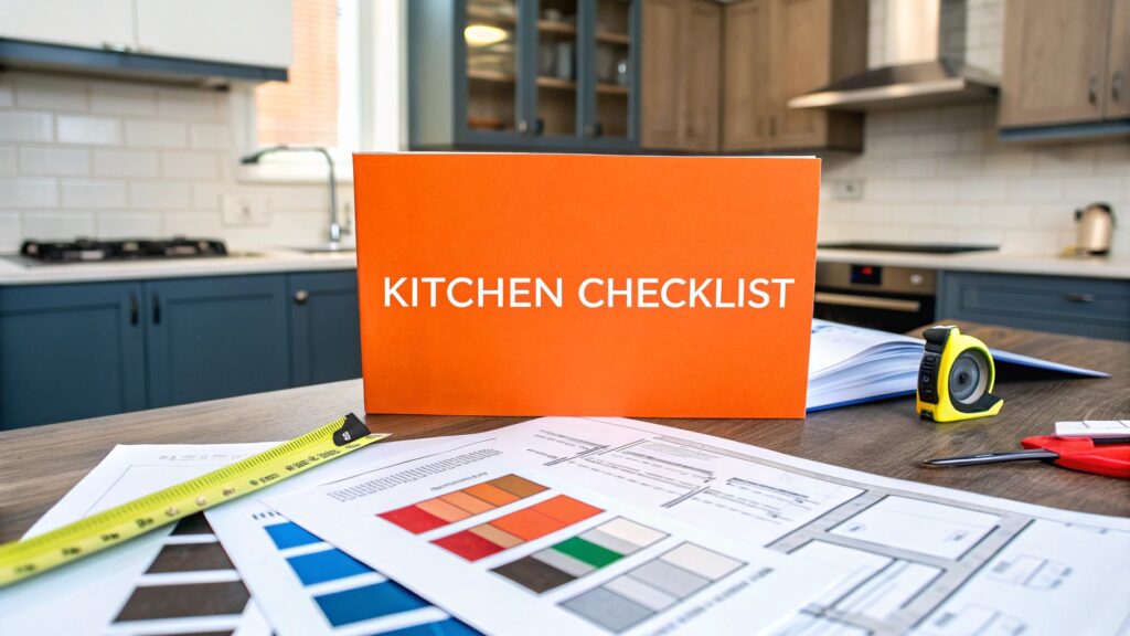 Kitchen checklist sign in modern kitchen setting, featuring design plans, color samples, measuring tape, and renovation tools, emphasizing essential planning for kitchen remodel.