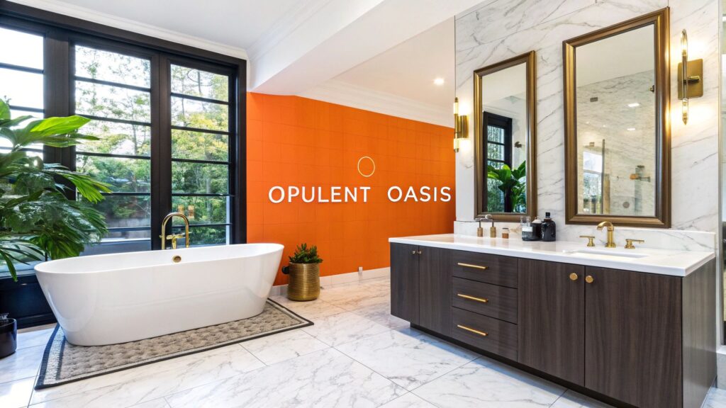 Luxury bathroom featuring a freestanding tub, modern vanity with gold fixtures, marble flooring, and an orange accent wall displaying "OPULENT OASIS," surrounded by greenery.