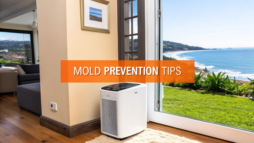 Indoor air purifier in a coastal home with ocean view, featuring overlay text "MOLD PREVENTION TIPS," emphasizing mold prevention strategies in Orange County.