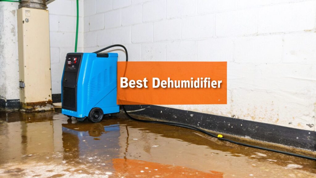 Professional-grade blue dehumidifier in a flooded basement setting, emphasizing moisture extraction for water damage restoration.