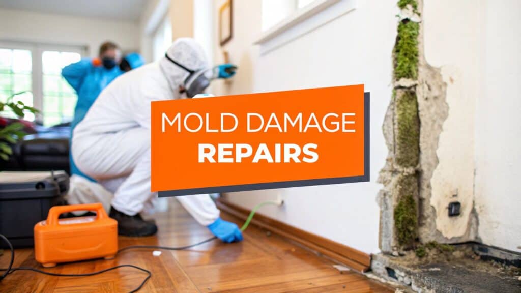 Mold damage repairs in progress, technician in protective gear examining wall with visible mold, tools and equipment for remediation visible in a residential setting.
