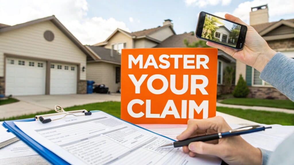 Master Your Claim sign with a person documenting property damage using a smartphone and clipboard of insurance forms in front of a residential home.