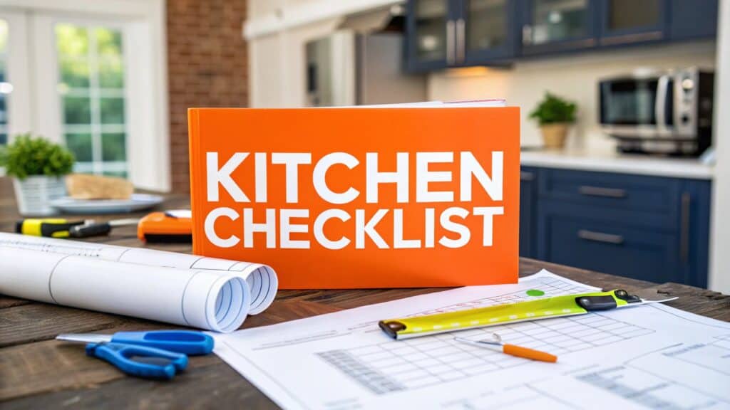 Kitchen remodeling checklist book on a wooden table with blueprints, a ruler, scissors, and planning documents, set in a modern kitchen environment.