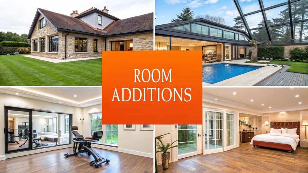Room additions showcasing diverse architectural styles, including a modern home exterior, a spacious interior with exercise equipment, a luxurious bedroom, and a contemporary pool area, emphasizing innovative design and lifestyle enhancement for homeowners in Orange County.