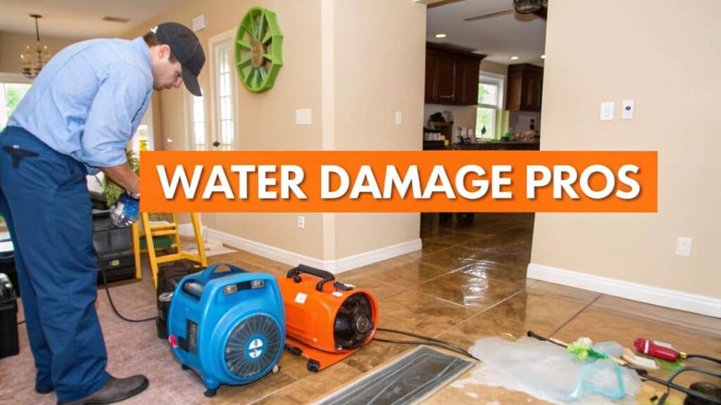 Water damage restoration professional operating drying equipment in an Orange County home, emphasizing urgent response to water damage.