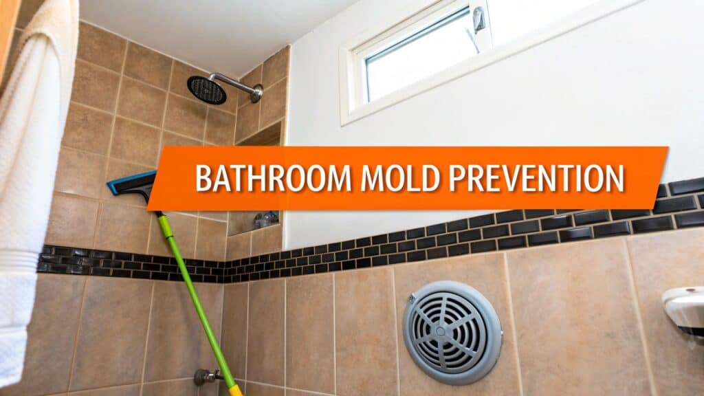 Bathroom mold prevention tools in a tiled shower, featuring a squeegee, ventilation fan, and a prominent orange label stating "BATHROOM MOLD PREVENTION."