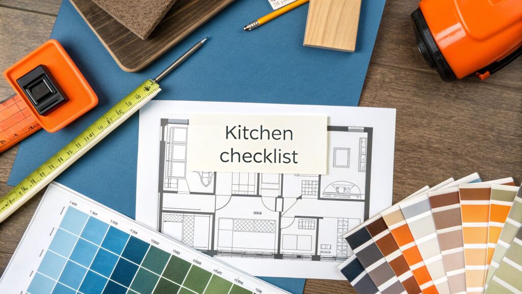 Kitchen remodeling checklist with design plans, color swatches, measuring tools, and renovation materials on a wooden surface.