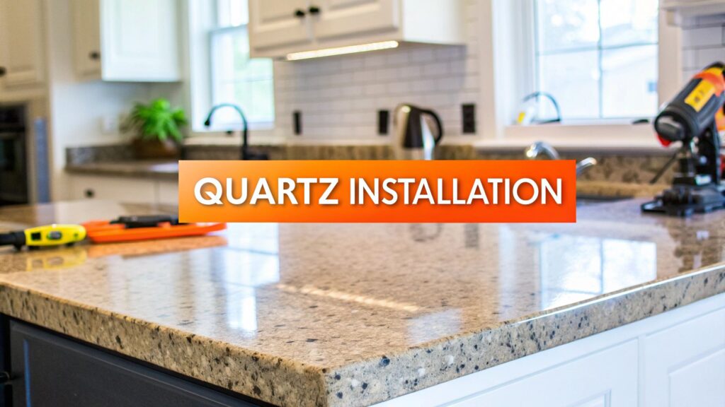 Quartz countertop installation with tools, showcasing a polished surface in a modern kitchen setting.