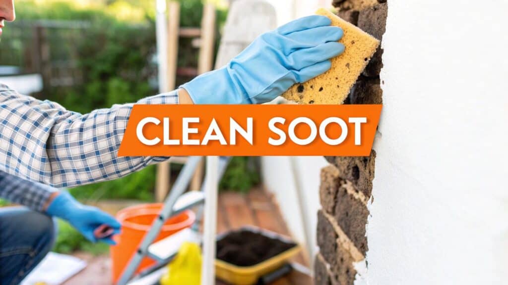 Person wearing blue gloves cleaning soot from a wall with a sponge, emphasizing proper cleaning techniques for homeowners in Orange County.