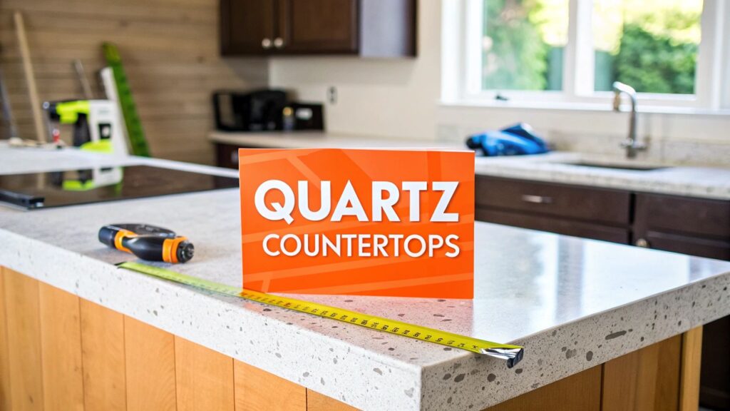 Quartz countertops installation guide with measuring tape and tools in modern kitchen setting.
